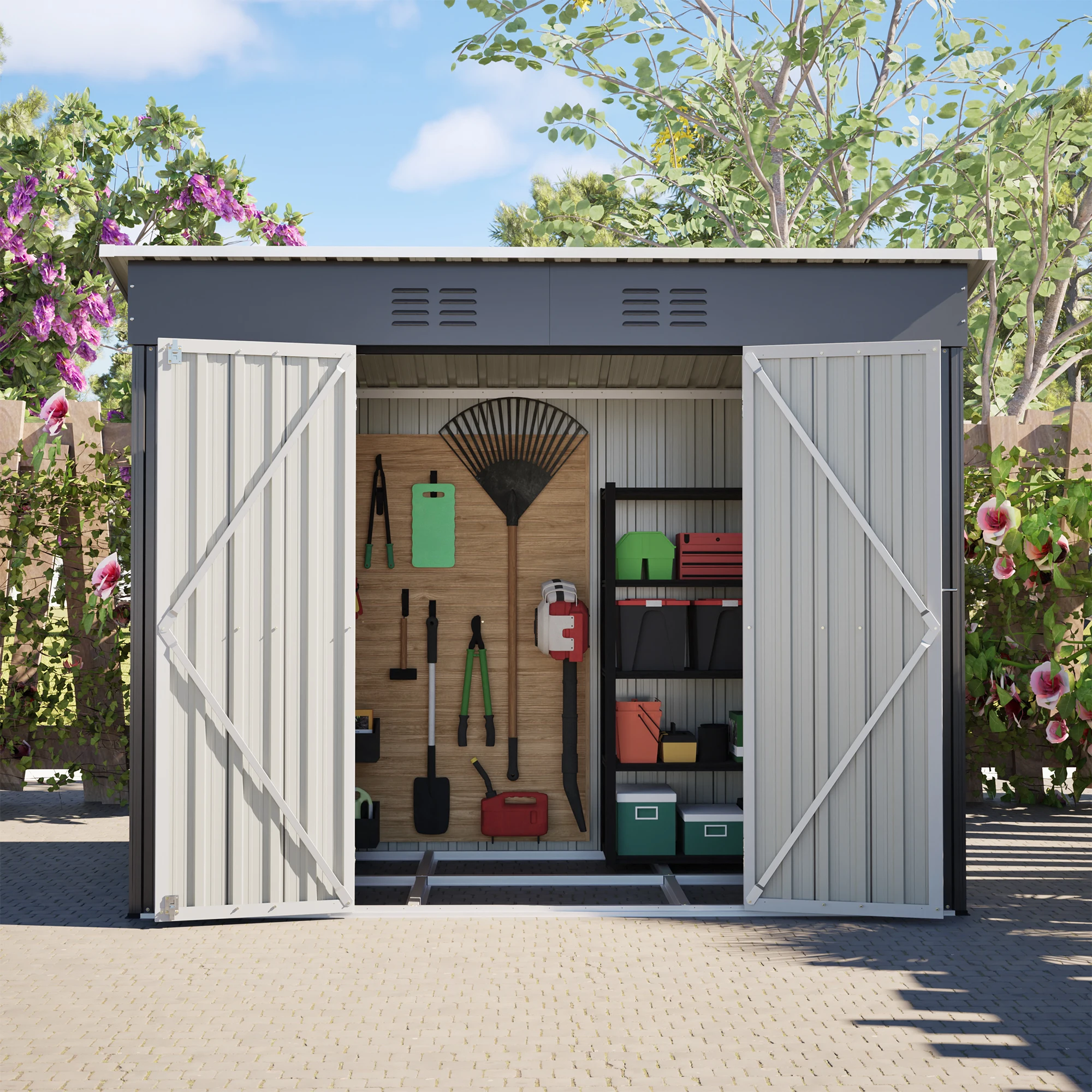 8x4 FT Metall-Gerätehaus mit stabilem Metallfundament, wetterfester Gartenschuppen für Garten & Terrasse, geräumig