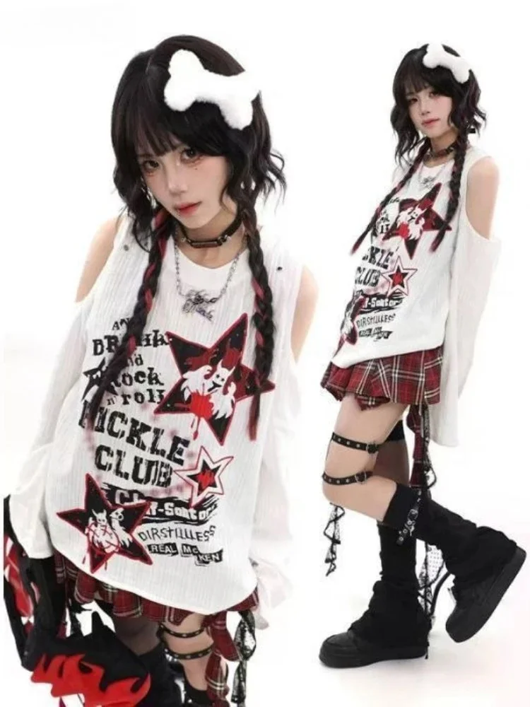 Harajuku Letter Printing Vintage T-shirt Autumn Streetwear Grunge Off Shoulder Tops Women Y2k Aesthetics Casual Loose Tshirts