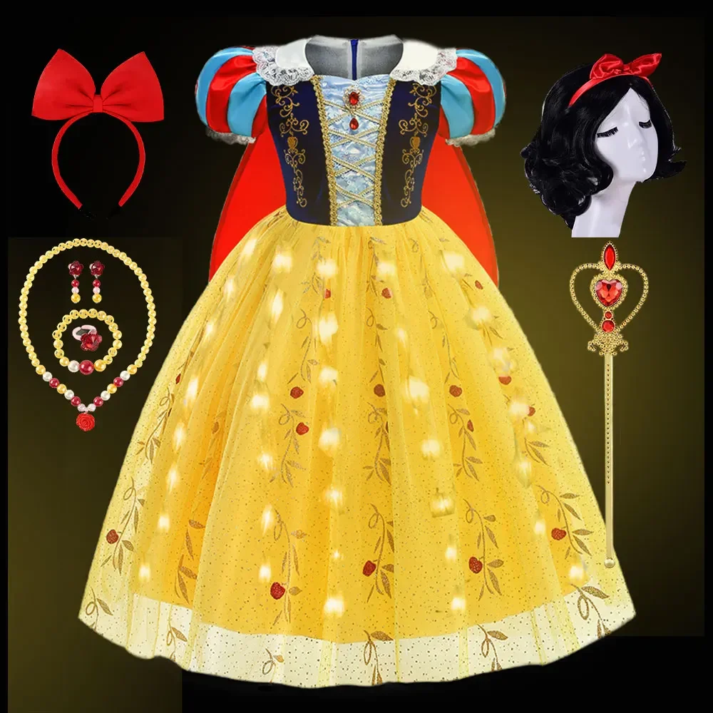 Classic Fairytale Role Play Snow White Dress Girls Short Sleeve Gown Kids Halloween Carnival Party Costume + Accessories 2-10Y