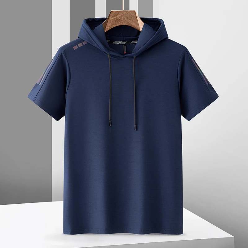 Camiseta masculina de montanhismo ao ar livre com capuz, top solto e respirável, seda gelada, secagem rápida, esporte fino, casual, versátil, verão