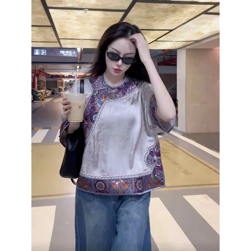 

Нет проблем, новый стиль, рубашка на пуговицах с круглым вырезом, китайская рубашка на пуговицах в стиле ретро, топ с длинными рукавами