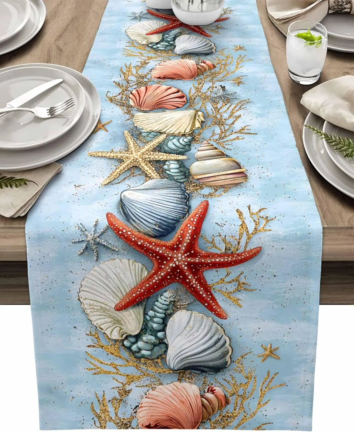 Summer Starfish Shell Coral Linen Table Runner Dresser Scarf Decor Washable Kitchen Dining Table Runner Holiday Party Decor