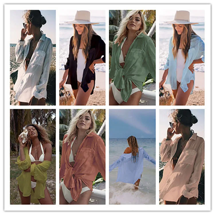 ผู้หญิงกึ่งเชียร์ปุ่มด้านหน้าปกคลุม, Boho Casual Long Sleeve Pocket Collared Top สําหรับ Beach Holiday Vacation,