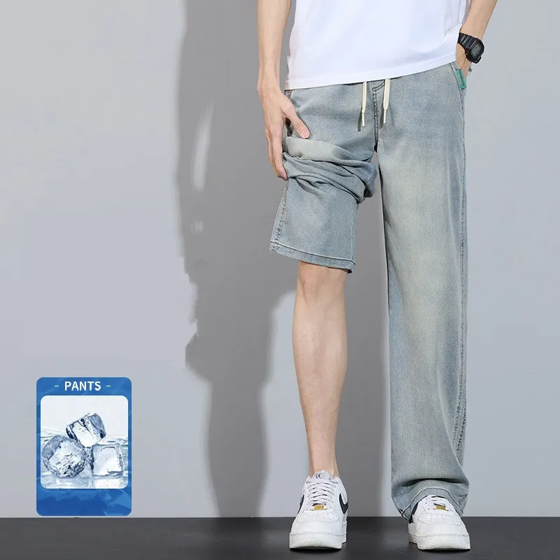 

Wide Leg Summer Pants Men Casual Street Thin Popular Loose Straight Retro Lyocell Soft Comfortable Boys Trousers Denim Jeans