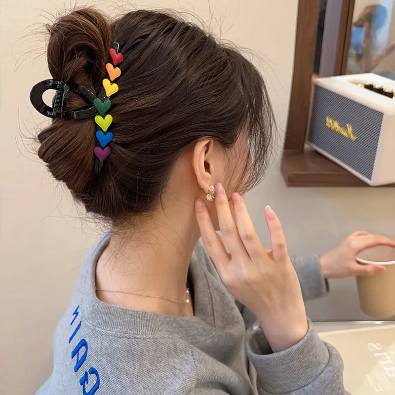 

New Women Rainbow Love Large Hair Claw Clip Elegant Ponytail Hair Crab Shark Clip Girls Hair Clips Hair Accessories