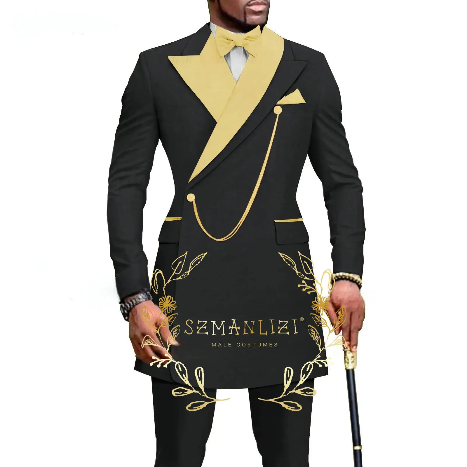 

Black Men Suit Double Breasted African Design Wedding Tuxedos for Men Gold Satin Lapel Dinner Party Jacket Pants 2 Pieces Set