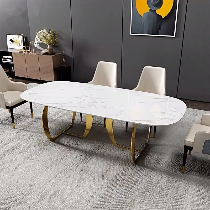 Dining room furniture, dining table set, contemporary style, stone marble countertops, stainless steel legs 6 dining room chairs