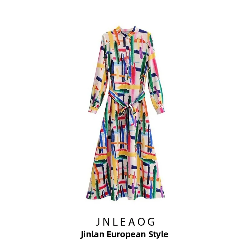 فستان نسائي جديد من JNLEAOG لفصل الربيع بتصميم عصري مصبوغ بأكمام طويلة وياقة مقلوبة وتنورة على شكل حرف A مصنوع من ألياف البول...