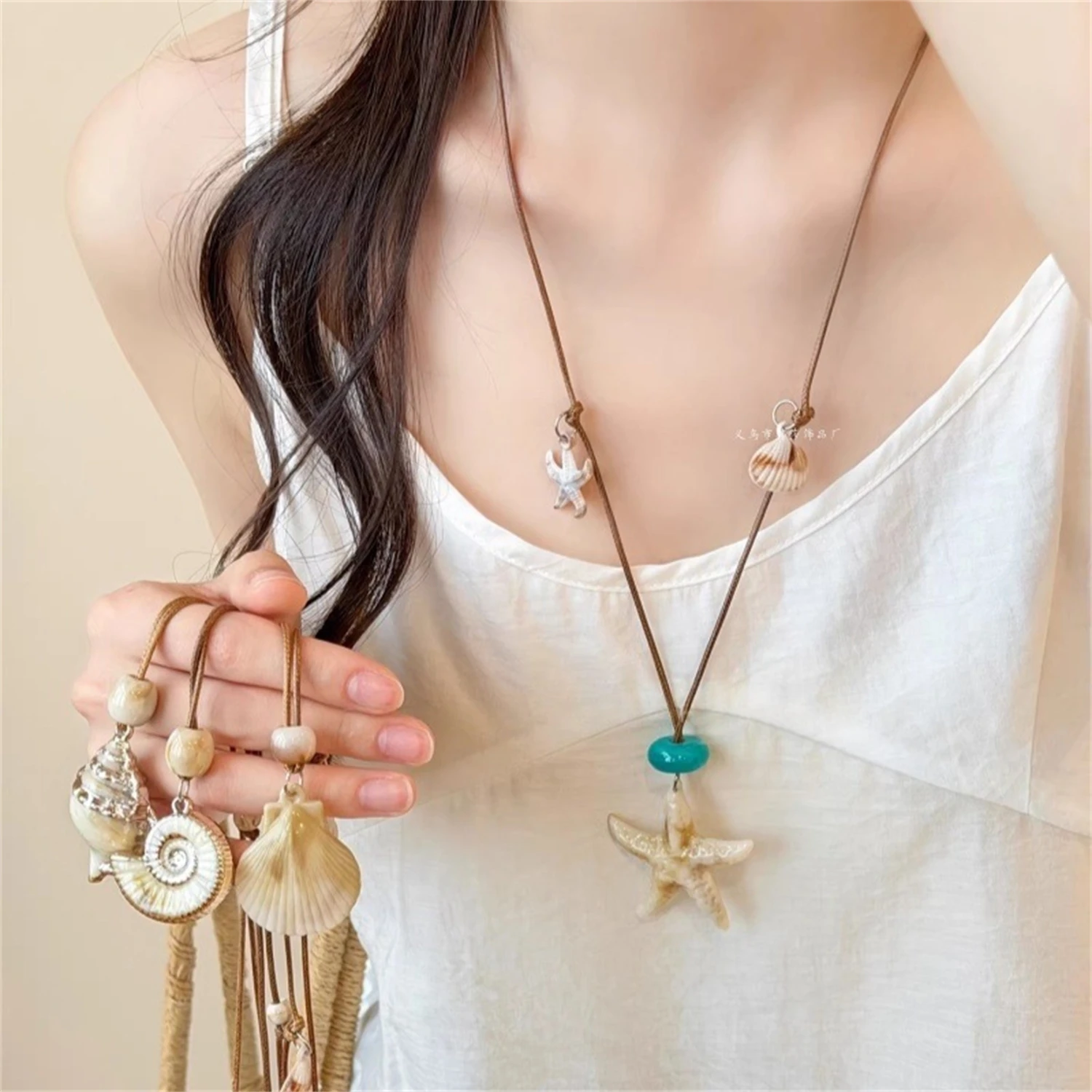 

Ocean Resin Star Shell Necklace Long Ladies Wax Rope Pendant Clavicle Chain Summer Holiday Style Accessories