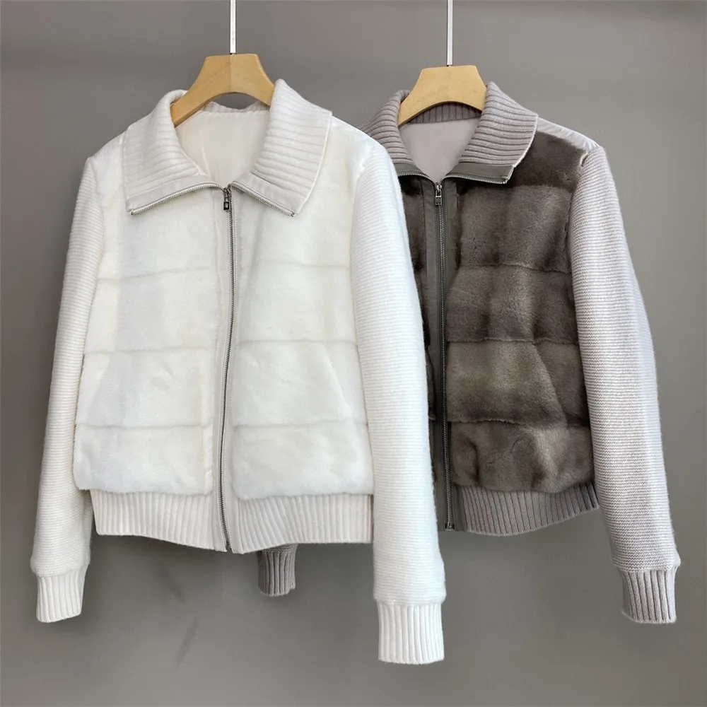 High Quality Women's Mink Fur Coats knitted Sleeves Splicing White Goose Down Jacket