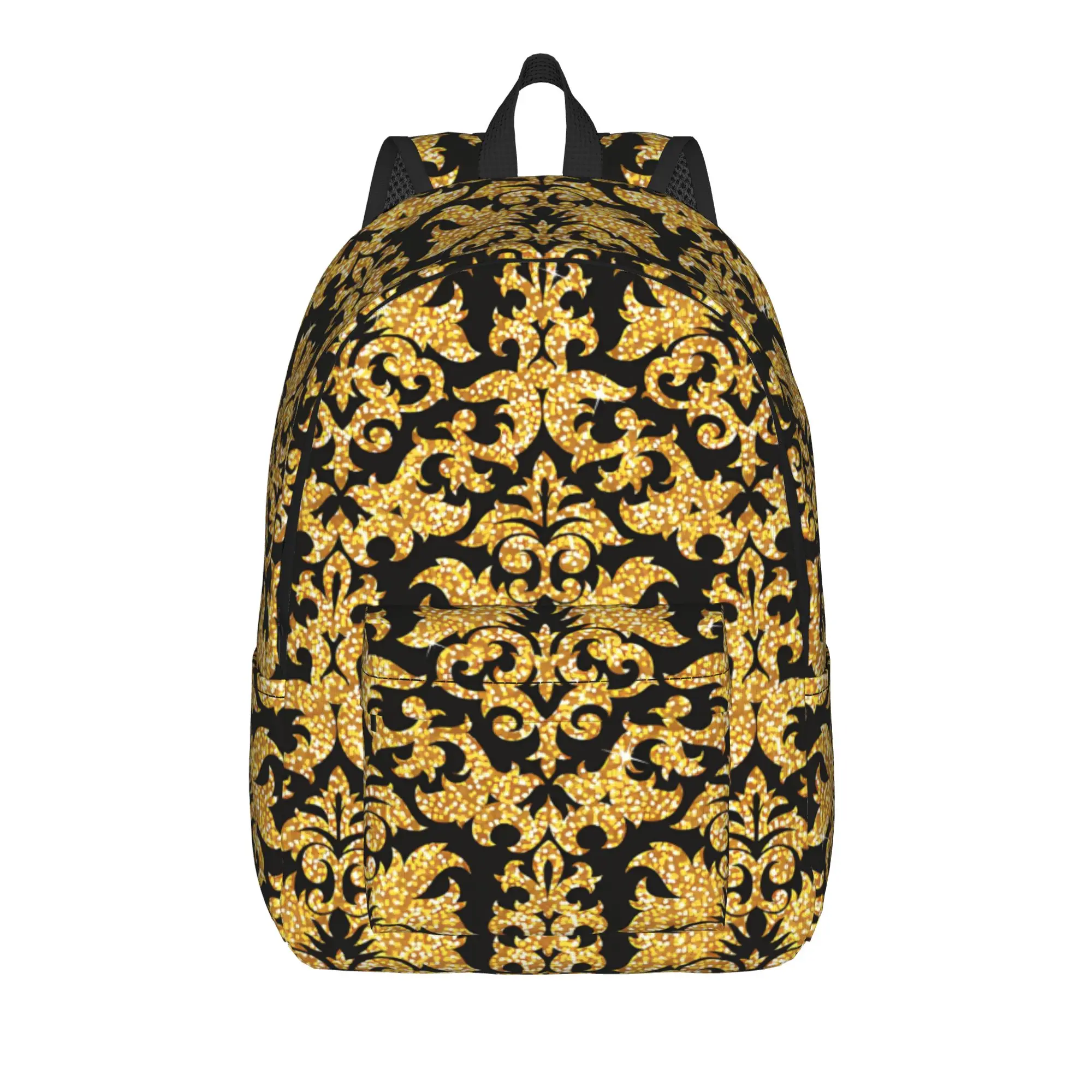 Custom Golden Lion And Damask Ornament Backpack  Student Polyester Workout Backpacks Soft Kawaii High School Bags Rucksack