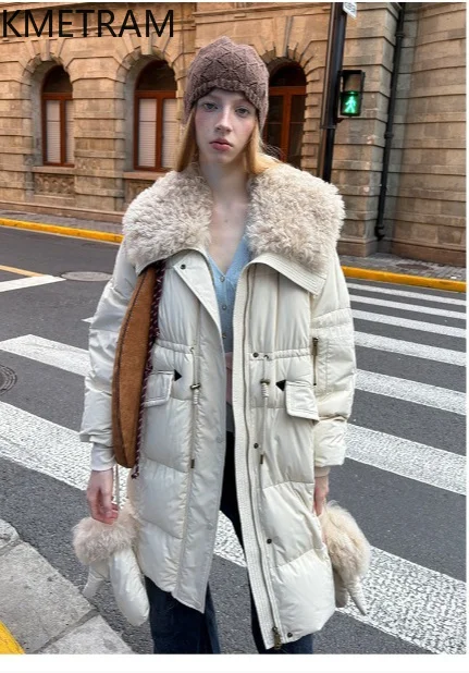 KMETRAM 90 White Goose Down Coat 2026 Autumn Winter New Wool Collar Loose Zippered Mid-Length Winter Jacket Women Пальто Женское