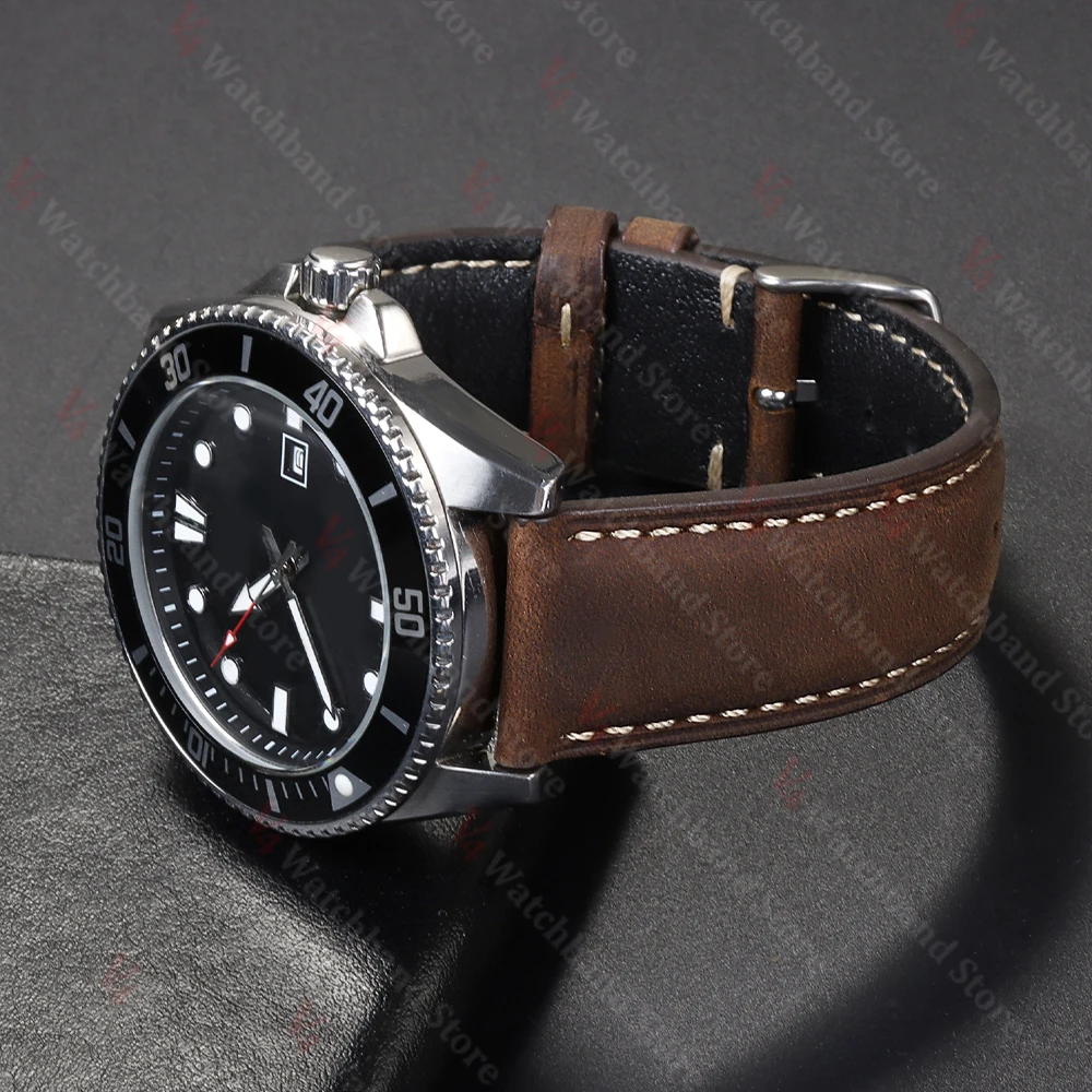 Genuine Cowhide Watchband 14/16/18/20/22/24mm for Omega Business Watch Band for Seiko Butterfly Buckle Stitching Brown Strap view 3