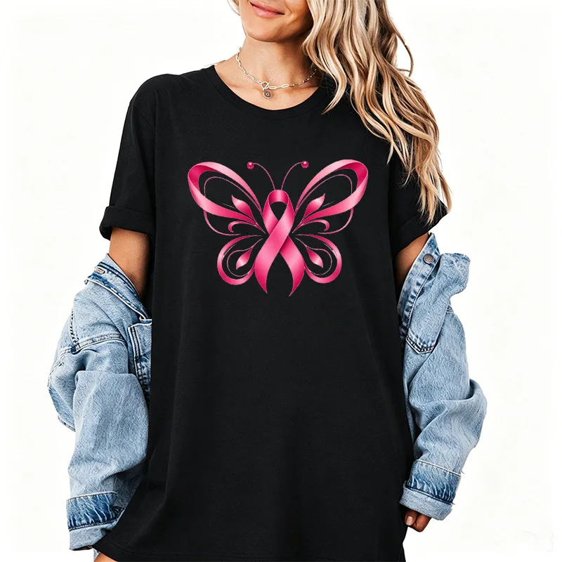 Pink Ribbon Butterfly Halloween Design T-Shirts Breast Cancer Awareness Graphic Tshirts Pink October Tee Shirts Short Sleeve Top