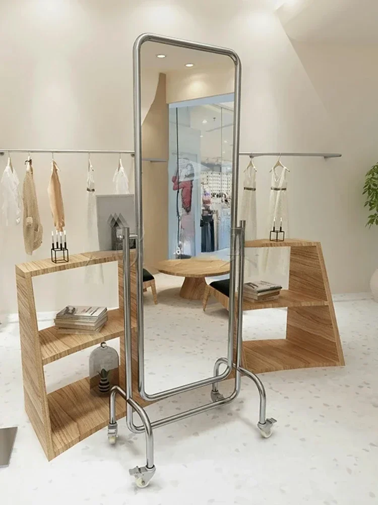 Clothing Store Full-Length Mirror Full Body Floor Mirror with Wheels Movable Vertical Large Mirror