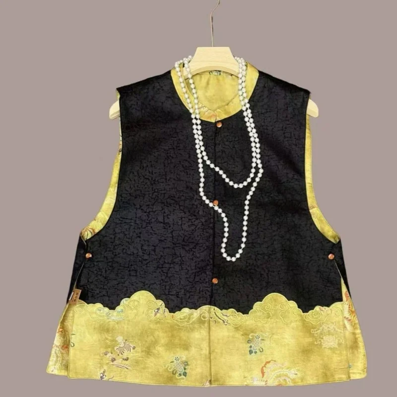 Style chinois réversible broderie gilet sans manches femmes printemps automne épissage veste Satin gilet femmes Satin hauts