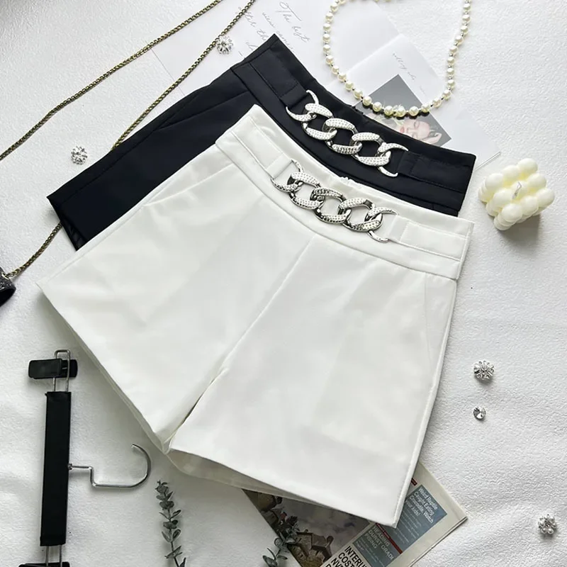 2023 New rhinestone Spring Autumn Women Shorts High Waist Solid Color Office Lady Short-Pants Female Fashion Zipper Up Buttom