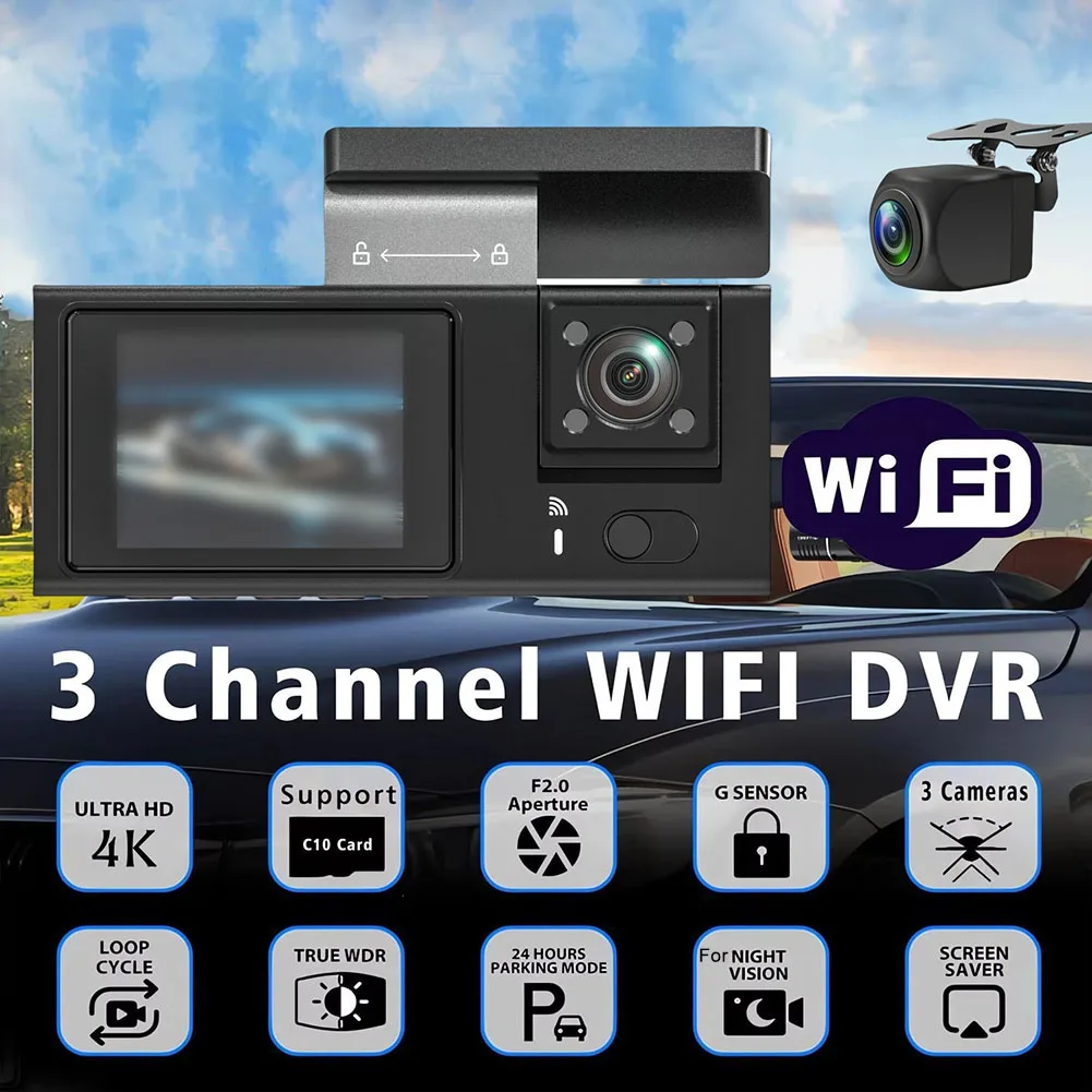 3-way Dashcam With WiFi 4K HD Driving Recorder With 3 Lens For Night-vision 24H Rear View Reverse Image Parking Monitoring