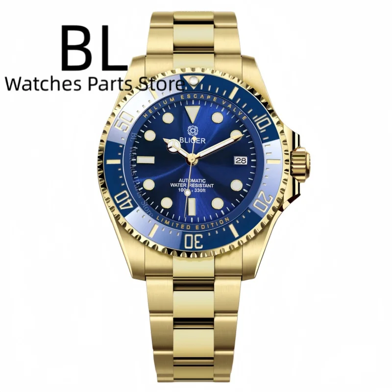 BLIGER Gold Two Tone Gold 43mm Big Size Men Watches Stainless Steel Waterproof Sapphire Glass Reloj Masculino Blue Sunburst Dial
