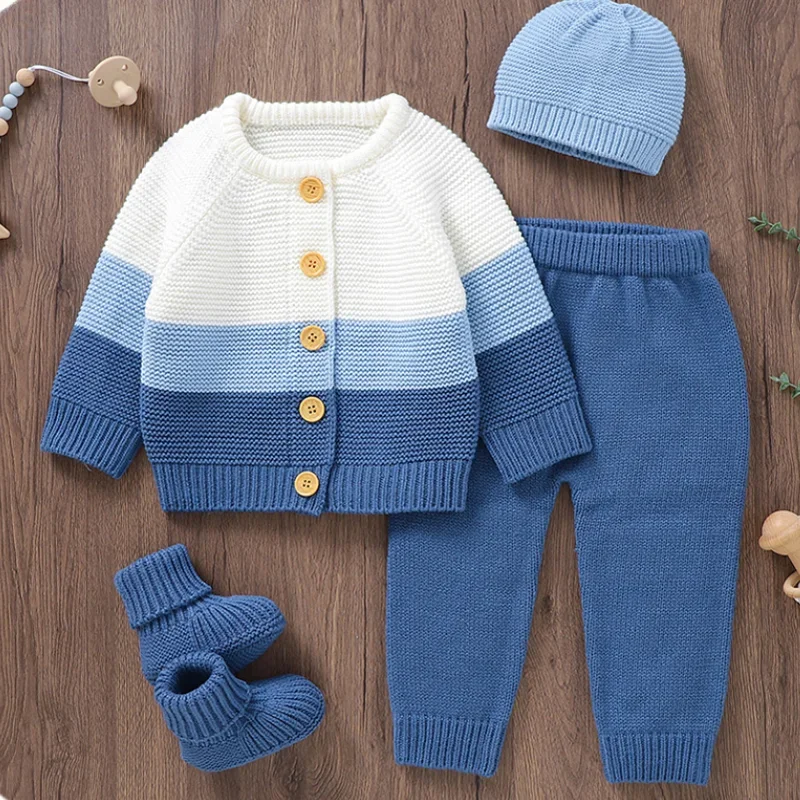 Winter Casual Outwear Newborn Boys Sweaters Tops+Pants+Hats+Shoes Outfits 4pcs Autumn Infant Kids Knitwear Baby Clothes Set Knit