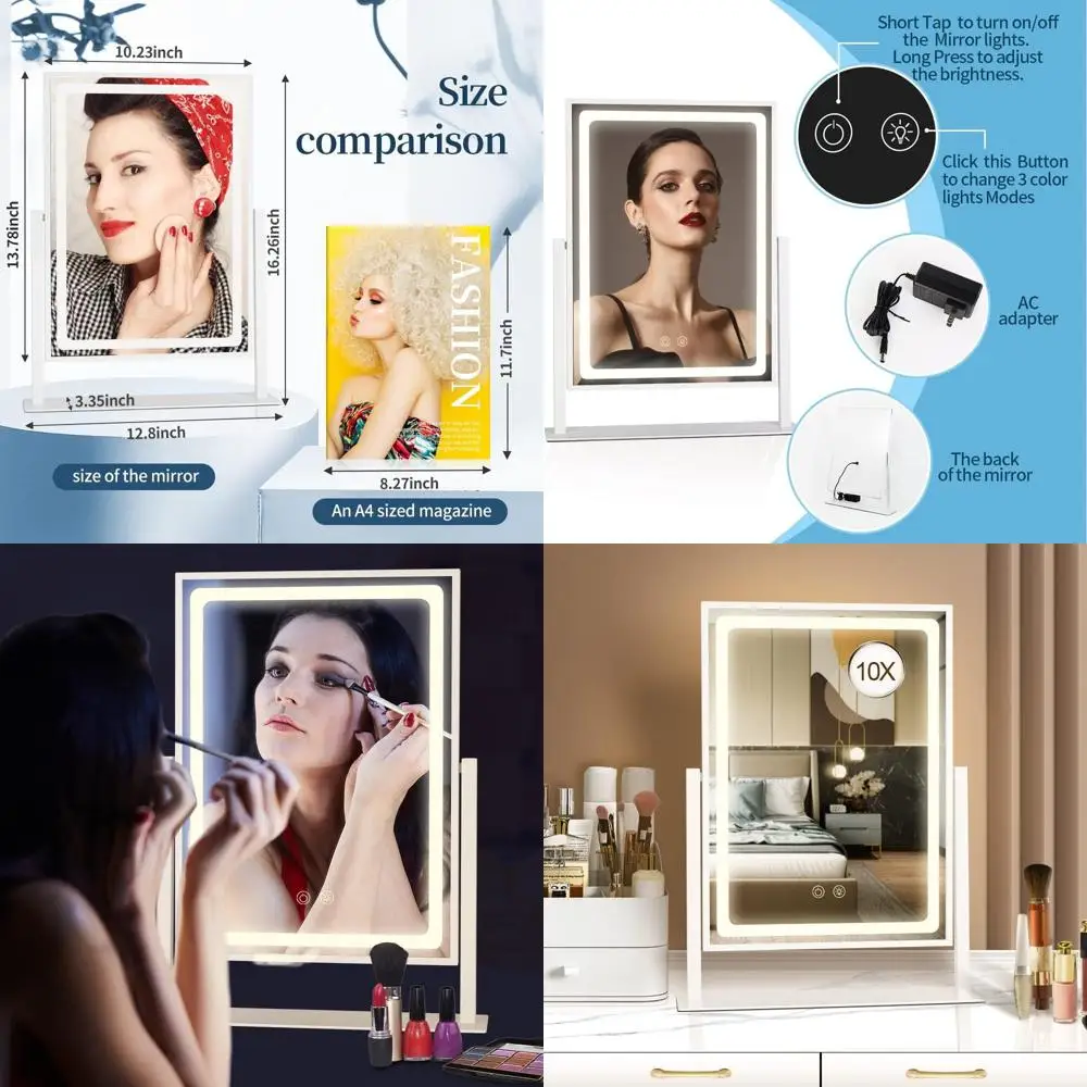 White 13.78 x 10.23 LED Lighted Vanity Mirror with 10X Magnifier and Touch Control for Desk or Dressing Room