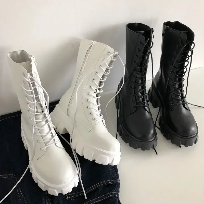 Botas gruesas hasta la rodilla para Mujer, botines Retro de tacón cuadrado, color blanco y negro, invierno, 2023