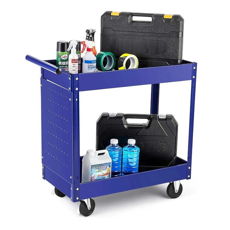 2 Tier Rolling Tool Cart, 330 Lbs Metal Heavy Duty Utility Cart On Wheels, 2 Shelf Steel Utility Cart, Tool Storage Organizer