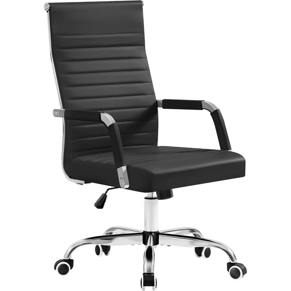 Ergonomic Ribbed PU Leather Swivel Office Chair with Adjustable Arms (Black)