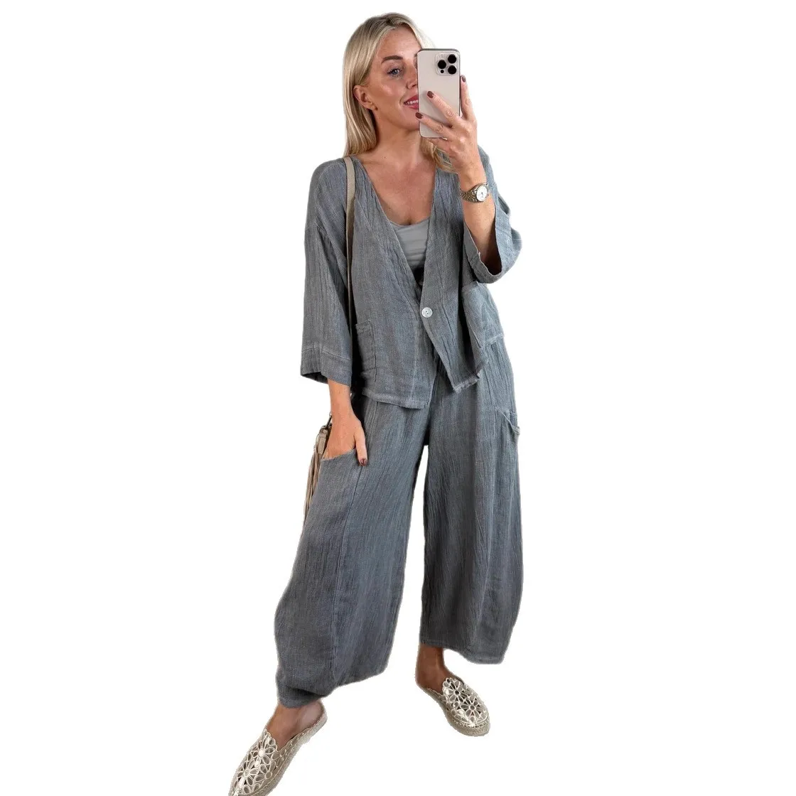 

2025 New Fashion Button V-neck Jacket + Wide-leg Pants Two-piece Sets Women's Autumn Casual Loose Top Long Sleeve Suit For Women