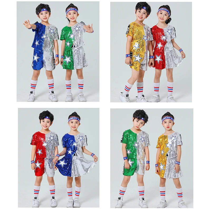 LOlanta Dance Sequined Clothes for Kids Jazz Hip Hop School Activities Performance Outfits Short Sleeve Top&Skirt/Shorts Costume