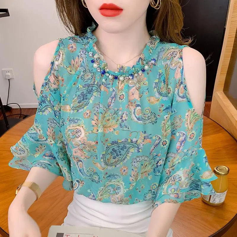 

Blouse Design Sensor Chiffon Shirt Female Minced 2023 New Foreign Style Off -the -shoulder Short -sleeved Shirt Ginseng Blouse