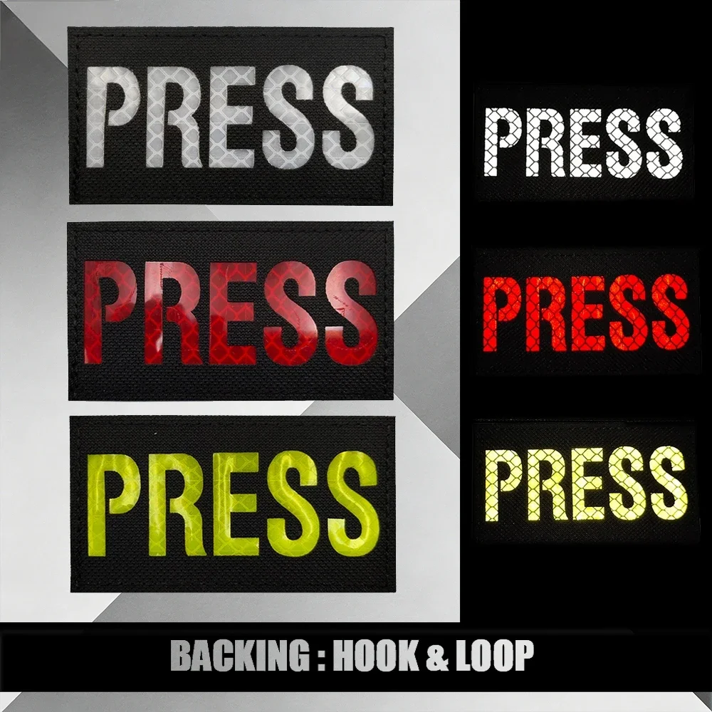 PRESS Reflective Armband Patches with Hook & Loop Backing Tactical Emblem English Letters Night Recognition for Jacket Shoulder