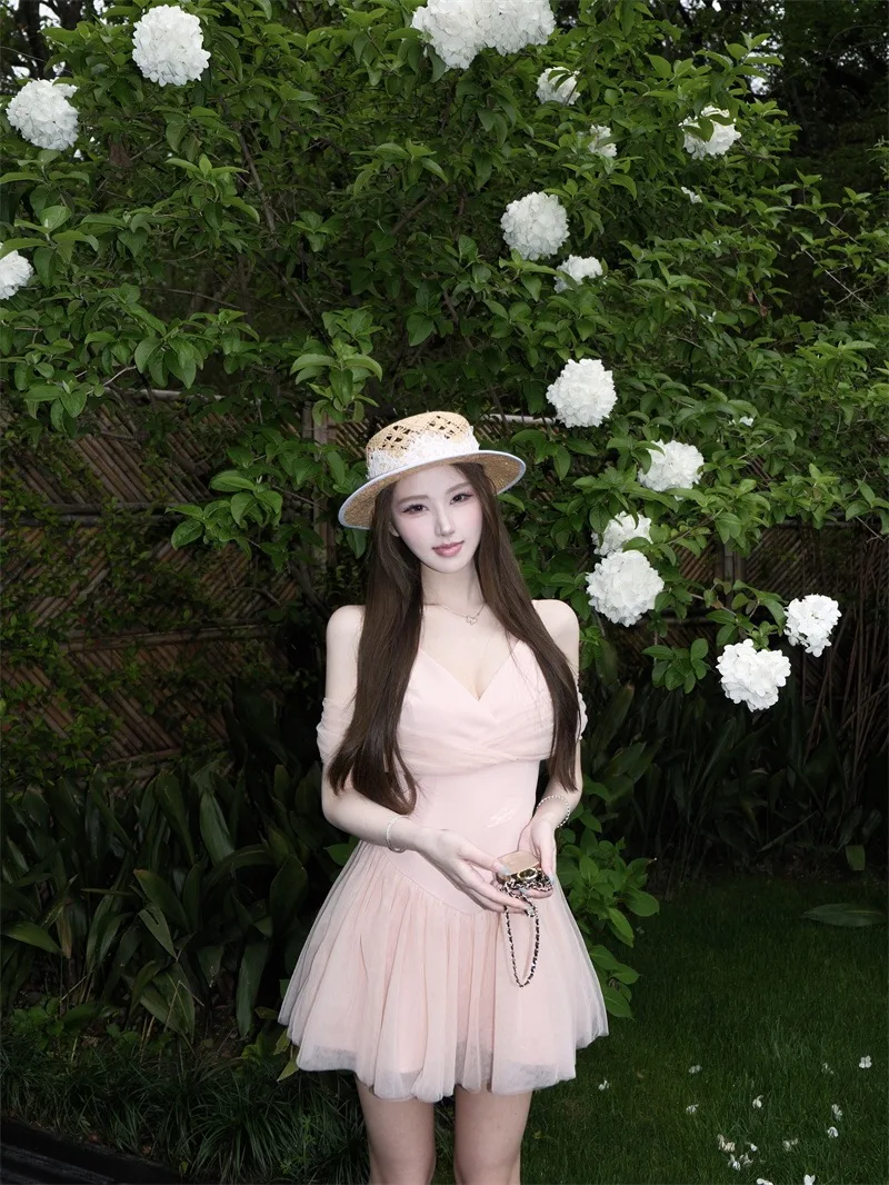 

Birthday Party Pure Desire Mesh Strap Dress Waist Cinched High Waist Short Skirt Pink Summer New Women's Fashion Fairy Skirt