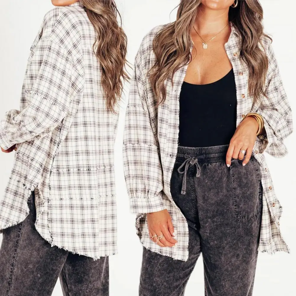 Women Checkered Shirt Lapel Long Sleeve Shirt Tops Single Breasted Distressed Tassel Edge Oversized Fit Blouse With Flap Pockets