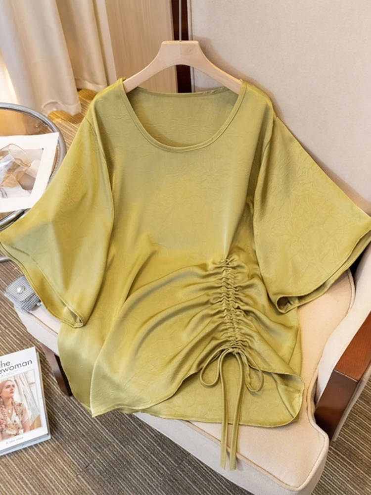Drawstring Short Sleeve T-Shirt Women's Summer New plus Size Base Shirt Fat MM Slimming Belly Cover Unique Half Sleeve Top