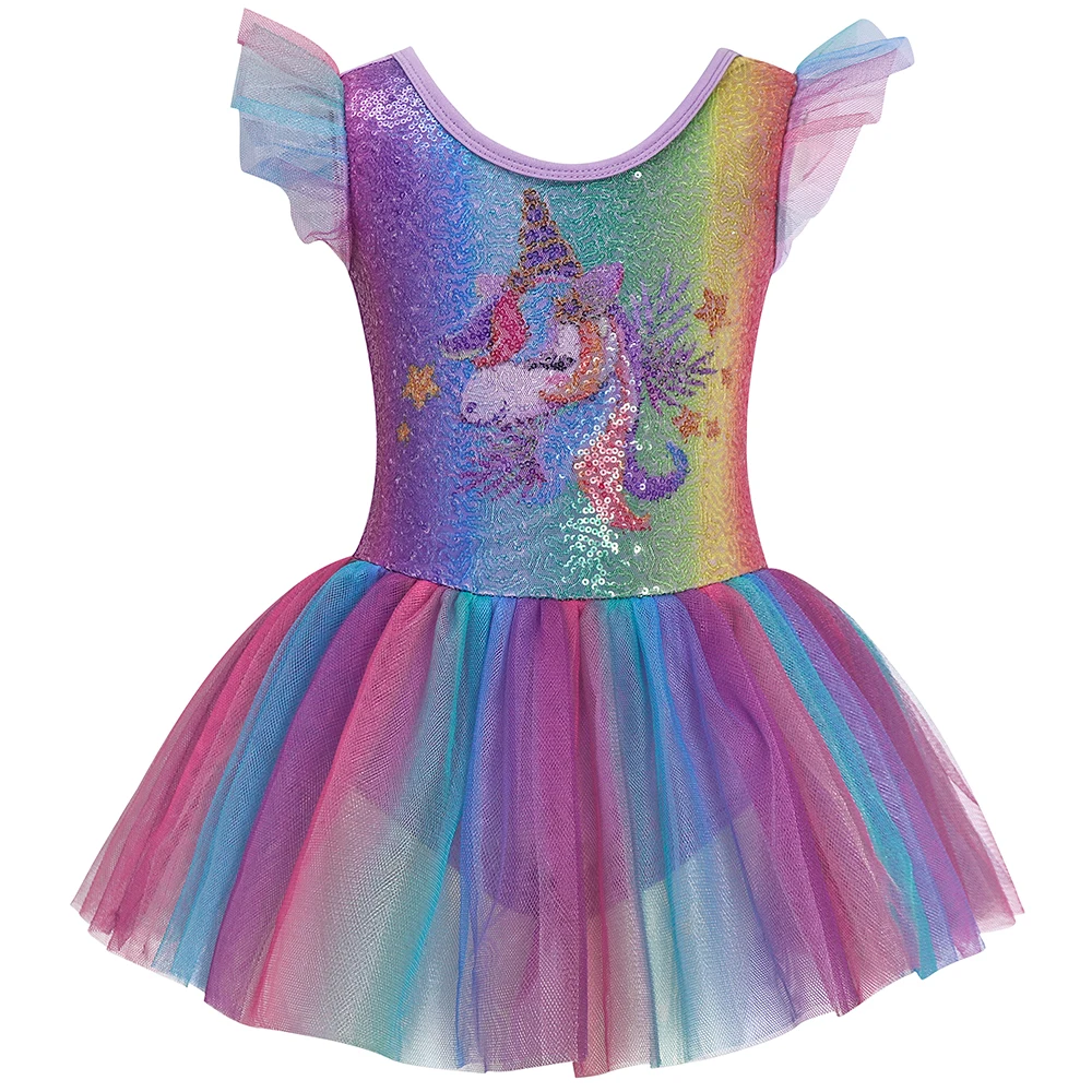 Girls Ruffle Sleeve Ballet Skirted Leotard Shiny Dance Tutu Dresses Kids Unicorn Gymnastics Clothes Stage Performance Outfits