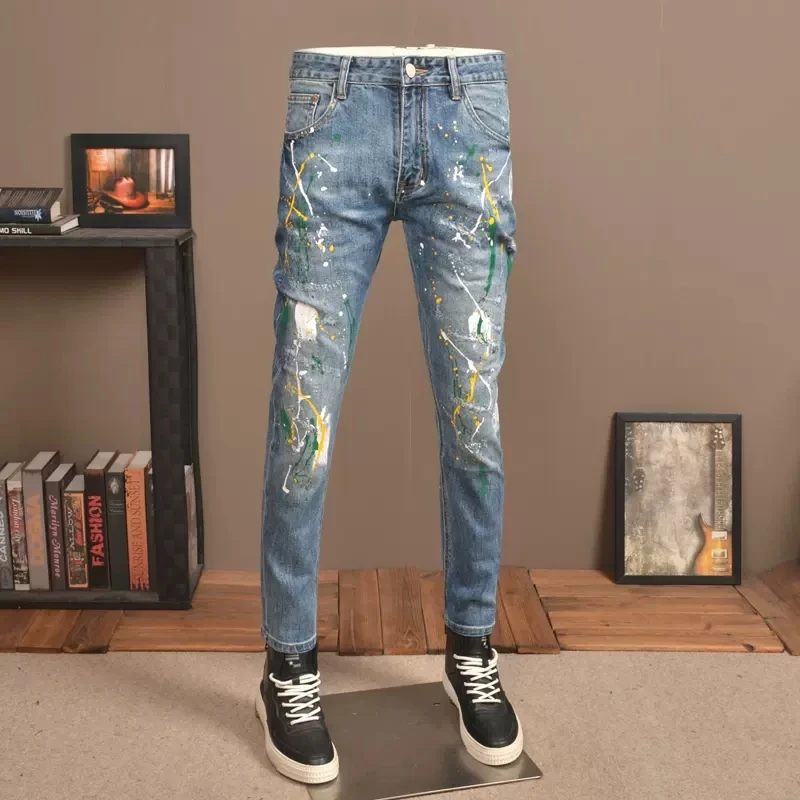 Street Fashion Men Jeans Retro Blue Painted Designer Elastic Ripped Jeans Men Stretch Trousers Hip Hop Denim Pencil Pants Hombre