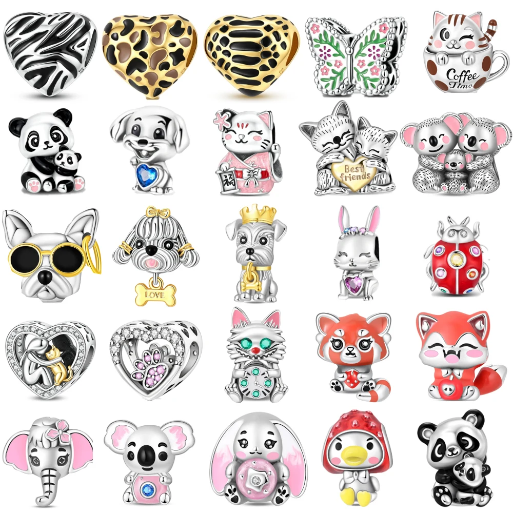 Original Charms Silver Beads Fit Bracelets Diy Women Gift Accessory Panda Cat Dog Fox Animal Print Heart Crystal Spacer Pendant