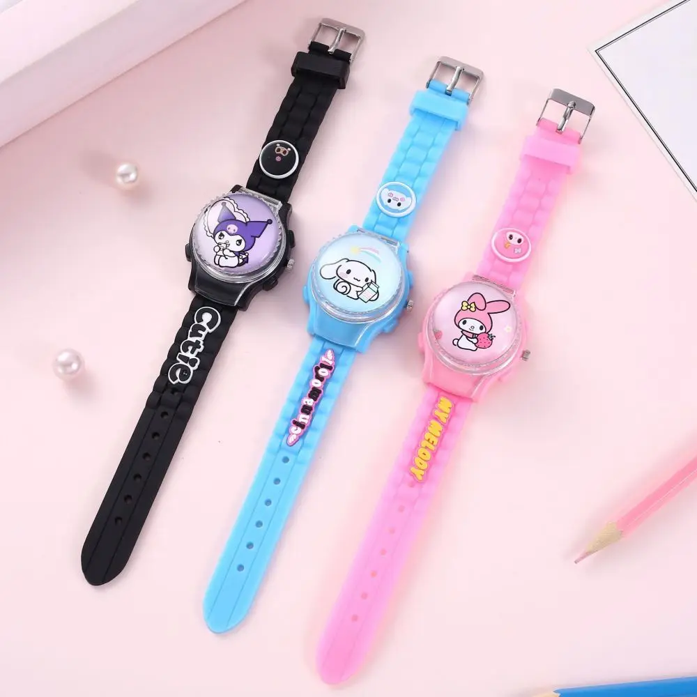 Sanrios Cartoon Watch Anime Kuromi My Melody Cinnamoroll Watch Kawaii Crystal Patch Glowing Decompress Rotating Electronic Watch