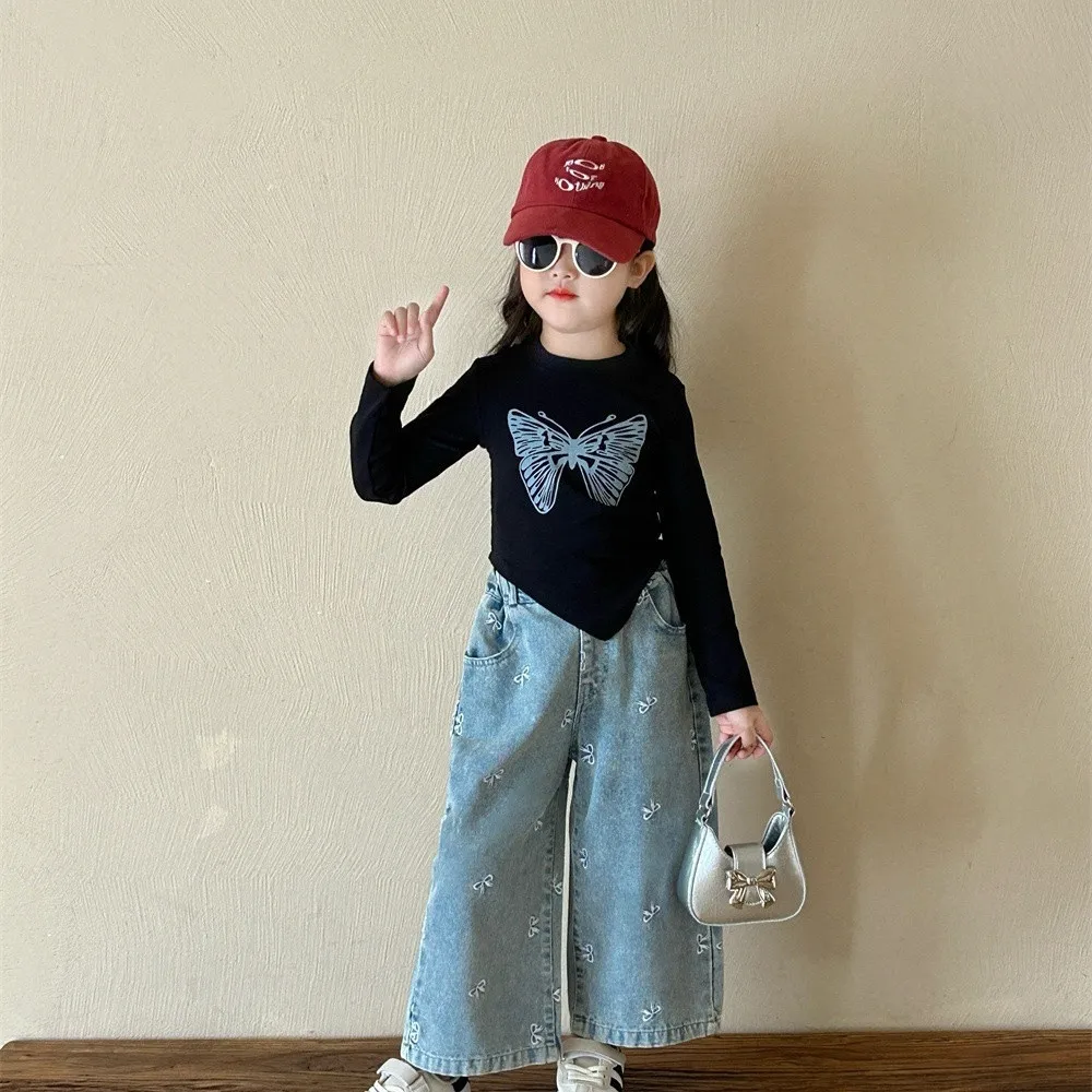 

Kids Girls Set Spring and Autumn New Style Children's Wide Leg Pants Black Bottom Shirt Jeans Two Piece Set