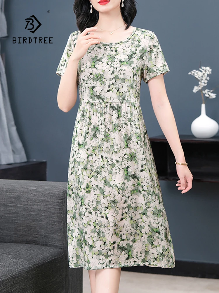 

BirdTree, 91%Real Silk Elegant Dresses, Women Short Sleeve High Waisted, Printed Vintage Loose Large Dress, 2024 Summer D44404QC