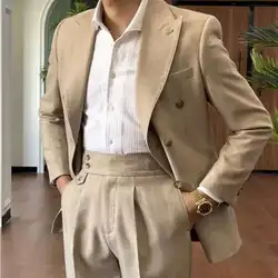 Men Suit Designers Slim Fit Business Casual Striped Double Breasted Suit Set Trend Traje Novio 2025 Men Tuxedo Suit Grooms Suit