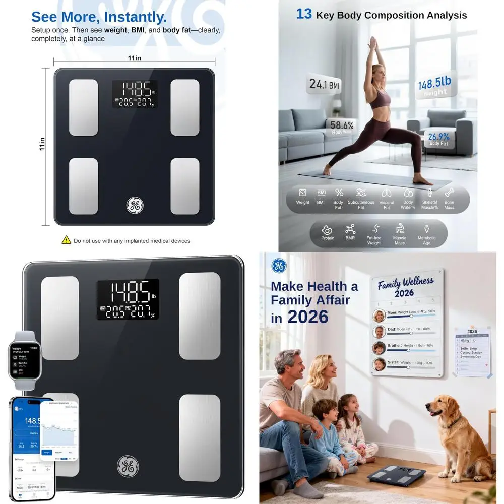 

Bluetooth-весы для анализа состава тела: цифровой LED-дисплей, анализ ИМТ и жировых отложений, грузоподъемность 400 фунтов, совместимость с приложением.