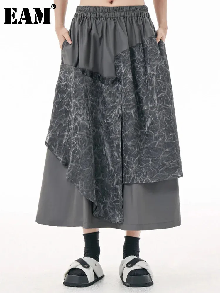 

[EAM] High Elastic Waist Gray Pattern Printed Irregular Casual Half-body Skirt Women Fashion Tide New Spring Autumn 2024 1DH1199