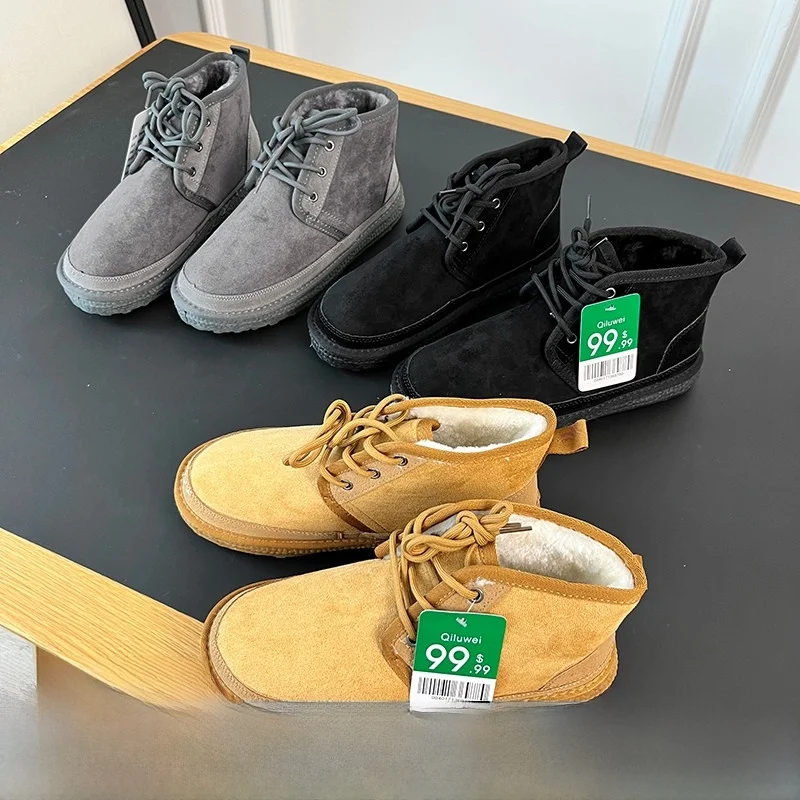 

Men's Winter Thickened Fleece Lined Snow Boots Leather Fur Integrated Anti-slip Workwear Boots Warm Low Top round Toe Boots