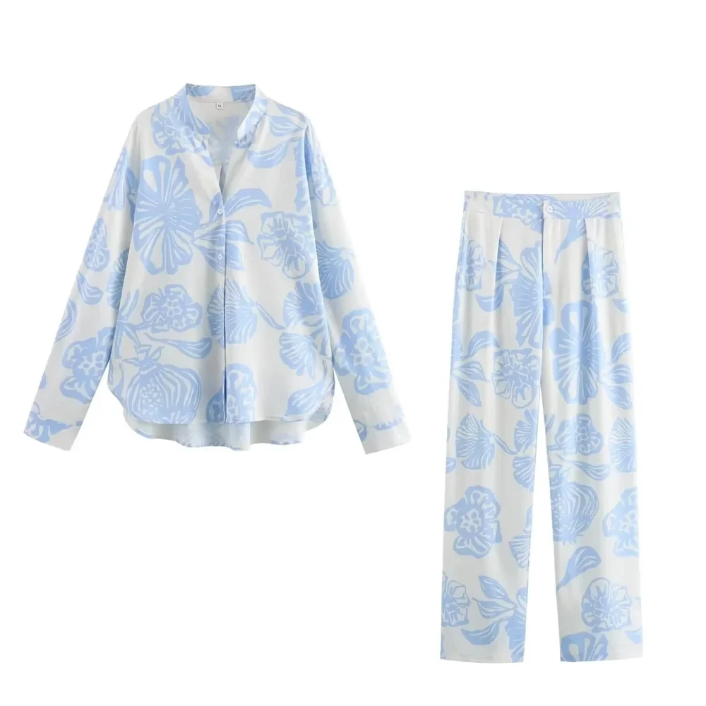 Fashion Pijamas Women 2 Pieces Outfit Blue Printed Long Sleeved Button Down Shirt High Waist Pants Sexy Sleepwear Home Suit New