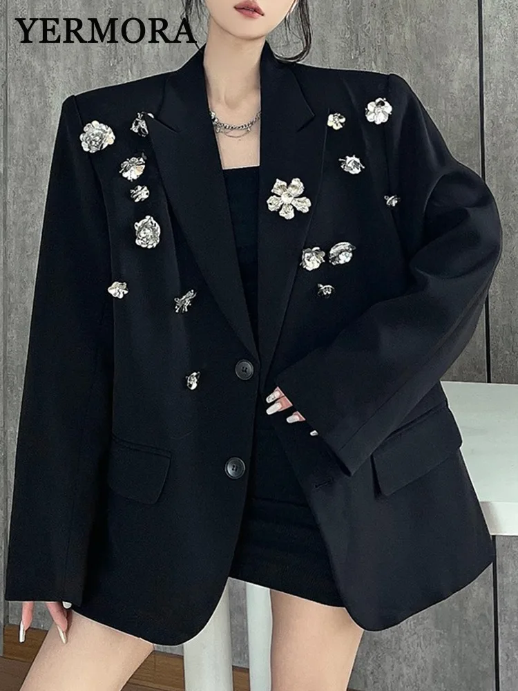 

YERMORA черный металлический повседневный пиджак с цветами и пуговицами для женщин, свободная новая куртка с лацканами и длинными рукавами, модная весна-осень 2025