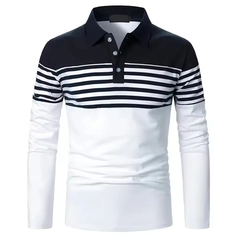 

Fashion Versatile Polo Shirts Classic Stripe Print Long Sleeve Shirt Black White Contrast Casual Lapel Shirt Vintage Men Clothes