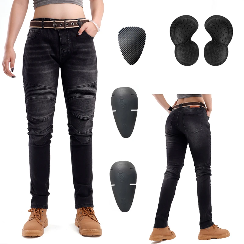 Women Black Offroad Motorcycle Jeans Dirt Bike Riding Pants Protective Gear for Ladies