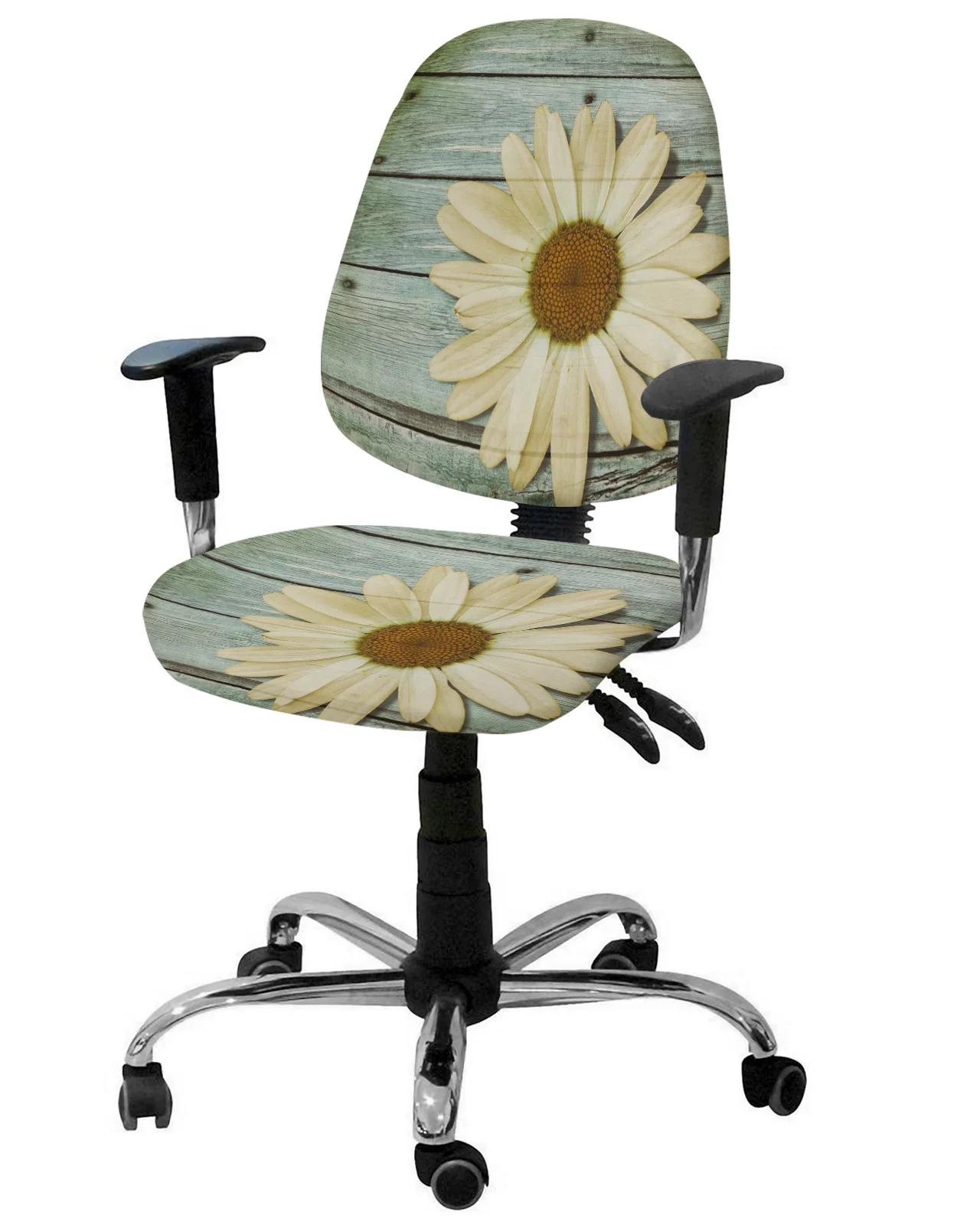 Vintage Wood Grain Daisy Elastic Armchair Computer Chair Cover Stretch Removable Office Chair Slipcover Split Seat Covers